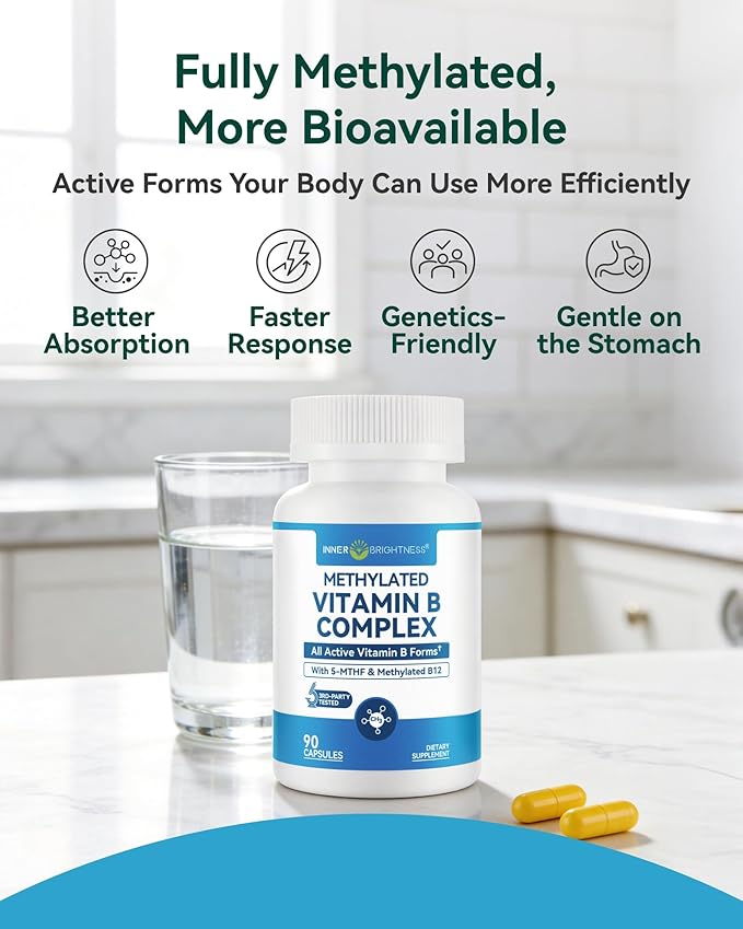 Vitamin B Complex - Fully Methylated Active B12 B6 Folate - for Energy Focus Mood &amp Nerve Health - Non-GMO Vegan Gluten-Free with B1 B2 B3 B5 B7-90 Capsules for 3 Months