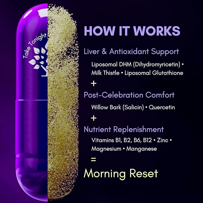 purple tree Post-Celebration Wellness Supplement for Liver Support &amp Hydration | Liposomal Dihydromyricetin (DHM) L-Glutathione Milk Thistle B Vitamins Minerals Willow Bark | 30 Capsules