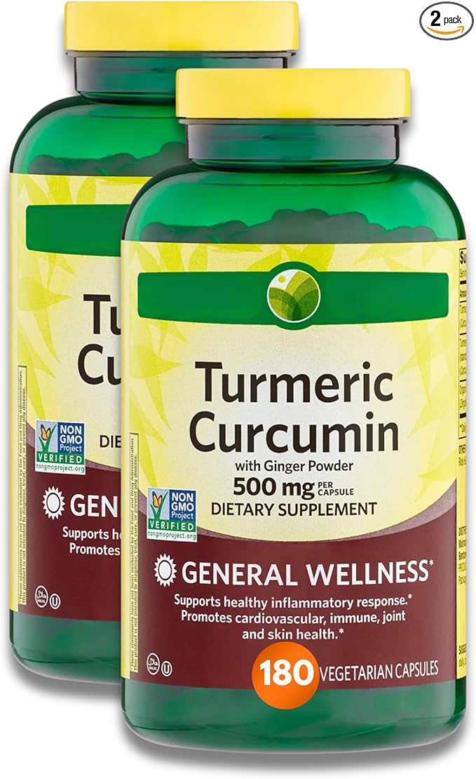KP+ Turmeric Curcumin with Ginger Powder | 500 mg Dietary Supplement | General Wellness | 180 Vegetarian Capsules | Pack of 2