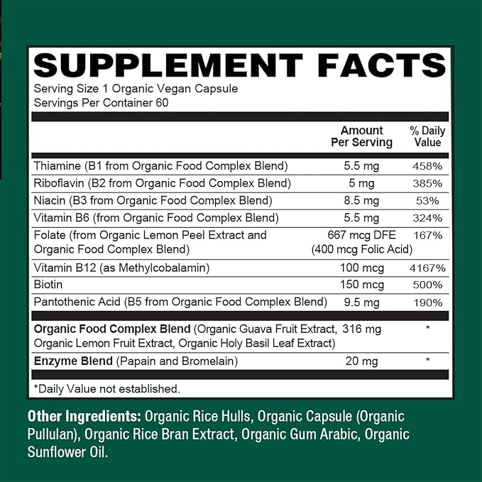 PlantFusion Organic Vitamin B-Complex Vegan Whole Food Supplement for Energy &amp Metabolism Methylated B12 Guava Lemon &amp Basil Non-GMO Gluten-Free - 60 Capsules