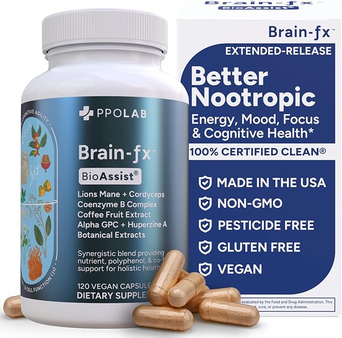 PPO Lab® Brain-fx™ Extended-Release Vitamins for Brain Health Supplement for Memory and Focus with Nootropics BDNF Factor Methylated B Complex L-Theanine Lions Mane Alpha GPC - 120 Capsules