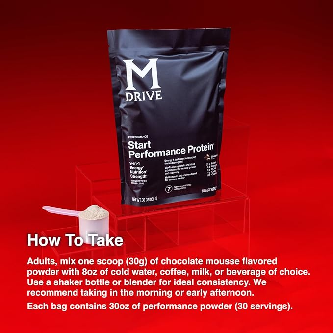 Mdrive Start 9-in-1 Complete Nutrition and Protein Shake Powder Supports Energy Strength Digestion Immune Health Nitric Oxide Recovery and Reduces Stress - Chocolate Mousse 31.7oz 30 Servings