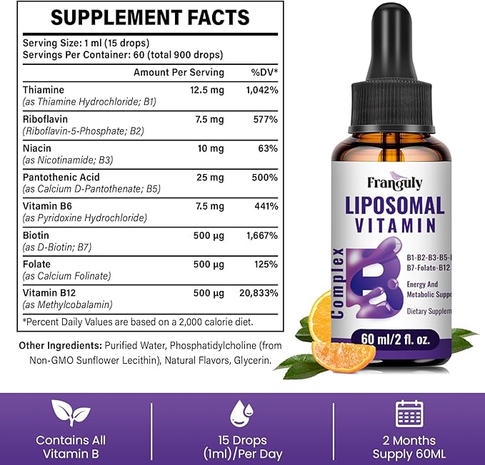 Liposomal Vitamin B Complex Liquid Sublingual B Complex Vitamins Supplement for Women Men Improved Absorption Methylated B12B1 B2 B3 B5 B6FolateBiotin for Energy And Immune Support-2.0 oz