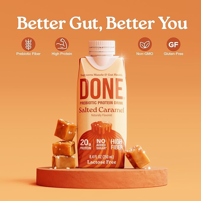 Done Prebiotic Protein Drink Salted Caramel 20G Whey Protein High Fiber Protein Shake With Prebiotics Gluten Free Lactose Free No Added Sugar Natural Flavor Non GMO 8.4 FL Oz Each 15 Pack
