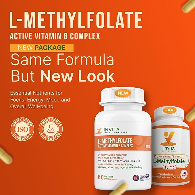 INVITA L-Methylfolate 15mg + Active Vitamin B Complex – 60 Capsules - 5-MTHF Supplement with Vitamin B6 &amp B12 Methylcobalamin for Mood Energy and Heart – Non-GMO Gluten Free 2-Month Supply