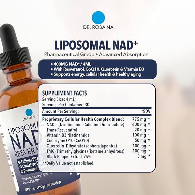 Dr. Robaina Liposomal NAD⁺ Liquid Drops – Doctor-Formulated with Trans-Resveratrol Quercetin CoQ10 Vitamin B3 &amp TMG – 400 mg NAD⁺ per 4 mL Serving – Berry Flavor Amber Glass Dropper 4 fl oz