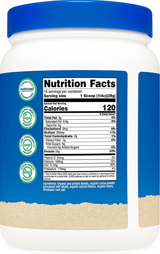 Nutricost Organic Pea Protein Powder (1 LB) Chocolate - Certified USDA Organic Protein from Plants Vegetarian Friendly Gluten Free Non-GMO