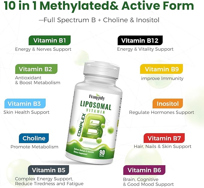 Liposomal B Complex for High Absorption Methylated B12L-Methyfolate(5-MTHF )Full Active B Vitamins with Choline Inositol-Energy MetabolismBrain &amp Heart SupportVegan Non-GMO3 Month Supply
