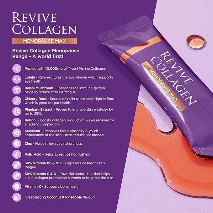 Revive Collagen Menopause Max — Hydrolyzed Marine Collagen Drink for Women 10000MG Lutein Reishi Mushroom Vitamin B6 B12 C &amp D for Skin &amp Eye Wellness Pineapple &amp Coconut Flavour