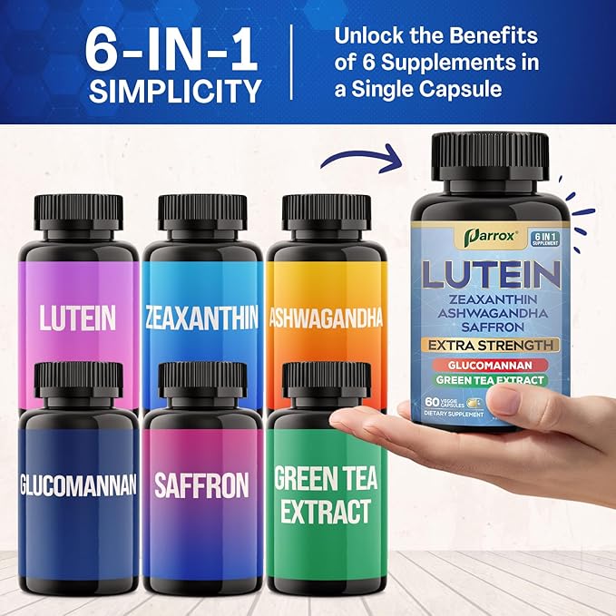 Lutein Supplement with Zeaxanthin Ashwagandha Saffron Green Tea Extract Glucomannan Eye Vitamins for Adults Vision Health Supplement Plant-Based Formula for Daily Support (2 Pack)