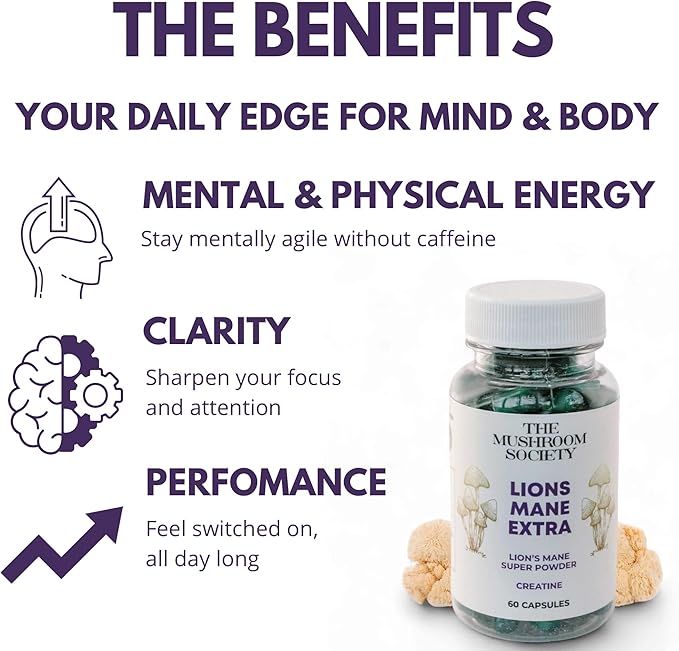 Lion’s Mane Extra Supplement - 1000 mg Lion’s Mane + 1000 mg Creatine – Mental &amp Physical Energy Clarity &amp Performance - 120 Vegan Capsules