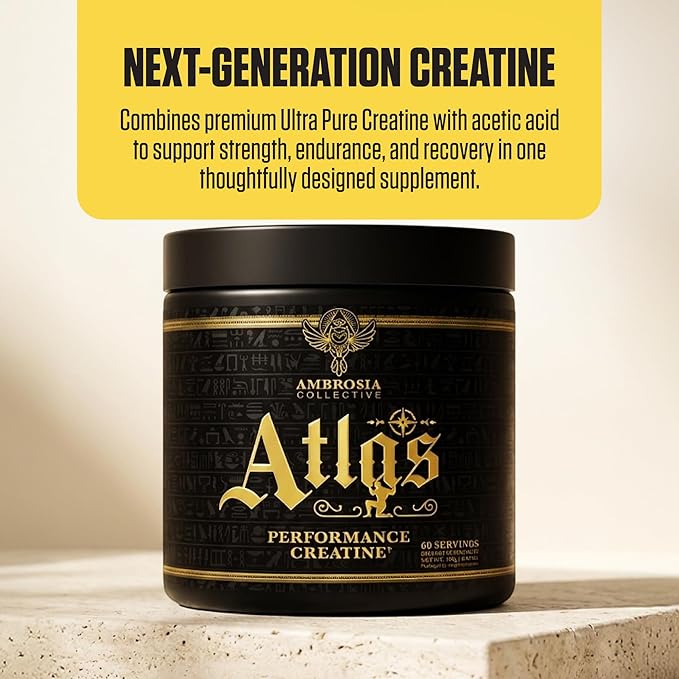 Ambrosia Atlas Performance Creatine Creapure® + Acetic Acid – Explosive Strength &amp Endurance Support – Muscle Recovery Fatigue Resistance &amp Performance Boost Support – 60 Servings