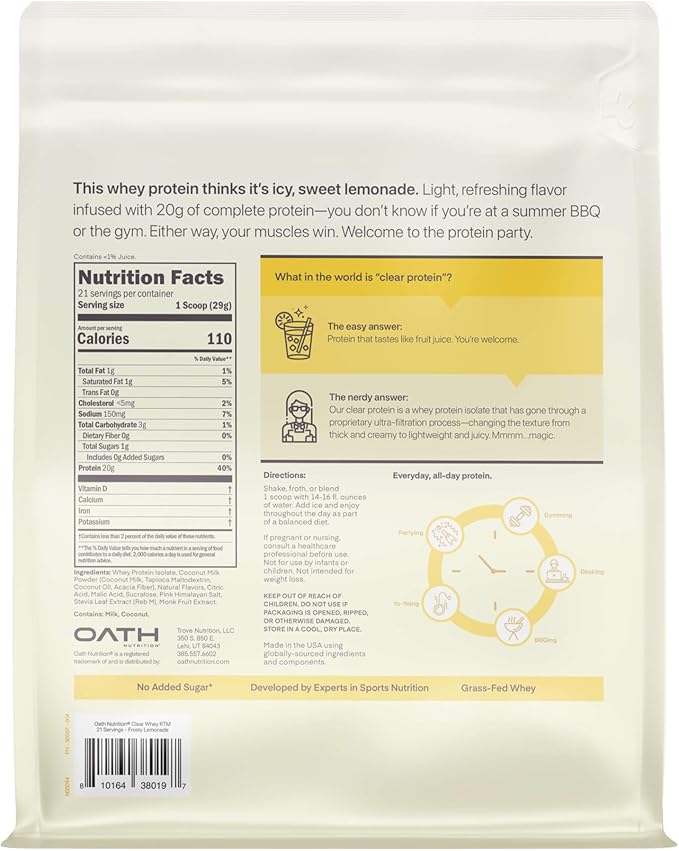 Oath Nutrition Clear Whey Isolate Protein Powder Frosty Lemonade 20g Complete Protein per Serving No Added Sugar Grass-Fed 21 Servings
