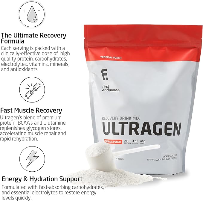 FIRST ENDURANCE Ultragen Workout Recovery Drink Powder Protein Mix Boosts Energy Accelerates Recovery | Tropical Punch 15 Servings