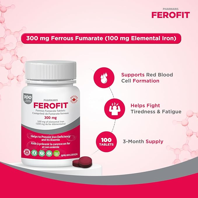 Ferofit - Ferrous Fumarate 300mg (100mg Elemental Iron) Prevents Anemia Due to Deficiency Iron Supplement for Women &amp Men 100 Tablets