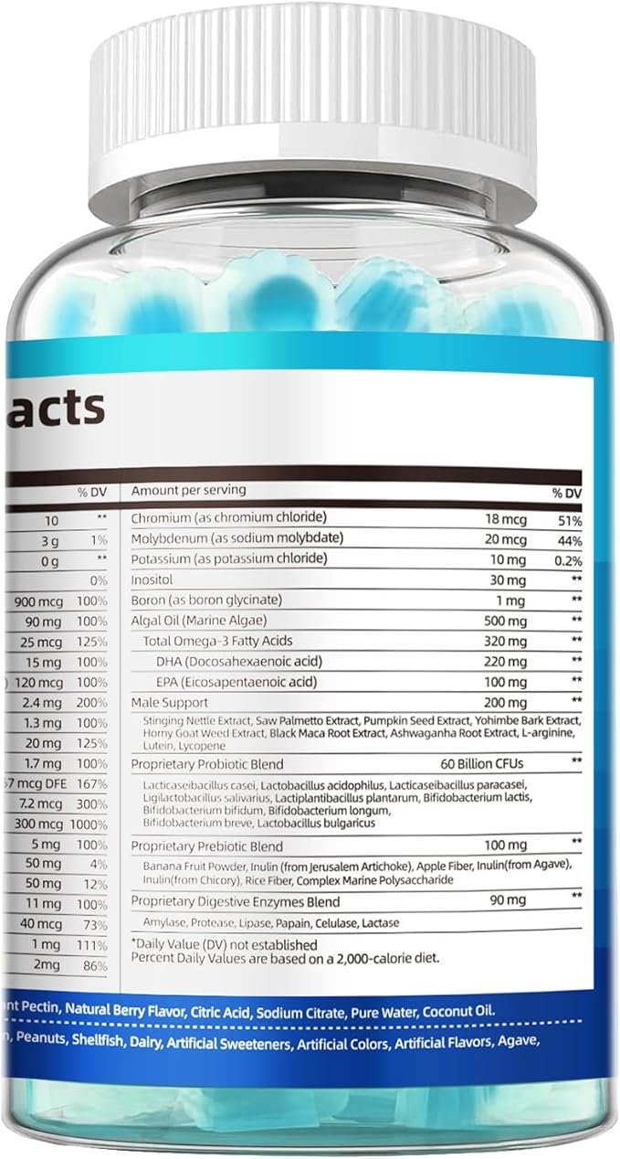 Multivitamin for Men Mens Multivitamins Gummies w/Omega-3 Probiotics Inositol Folate Biotin Zinc Vitamins A C D E B Support Heart Brain Muscle Energy Sugar-Free Berry Flavor