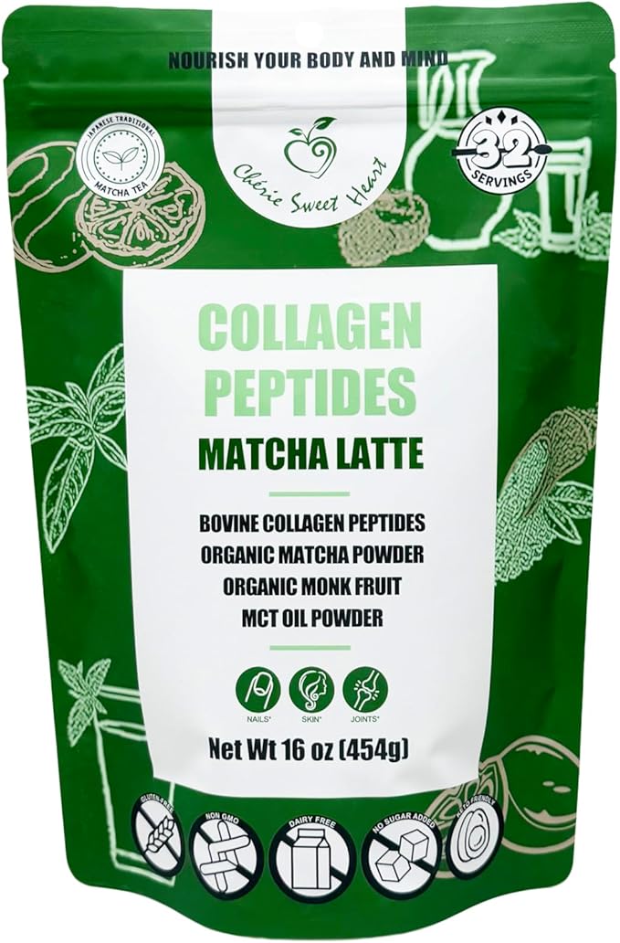 Cherie Sweet Heart's Collagen Peptide Powder 1 lb Pure Hydrolyzed Gluten Free Keto and Paleo Friendly Grass Fed Non GMO Matcha Latte