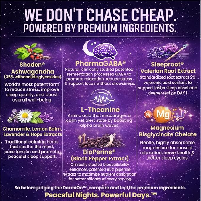 DormiOn™ Sleep + Restore + Stress Supplement | Herbal Sleep Aid for Women &amp Men | No Melatonin Non-Habit Forming | Ashwagandha GABA Valerian &amp Magnesium | Vegan 60 Capsules