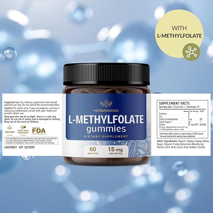 HERBAMAMA L-Methylfolate Gummies - 15mg 5-MTHF Calming Supplement for Adults - Vegan Non-GMO Methylated Folate (Vitamin B9) for Brain Support - 60 Pectin-Based Blueberry-Flavored Chews (Pack of 2)