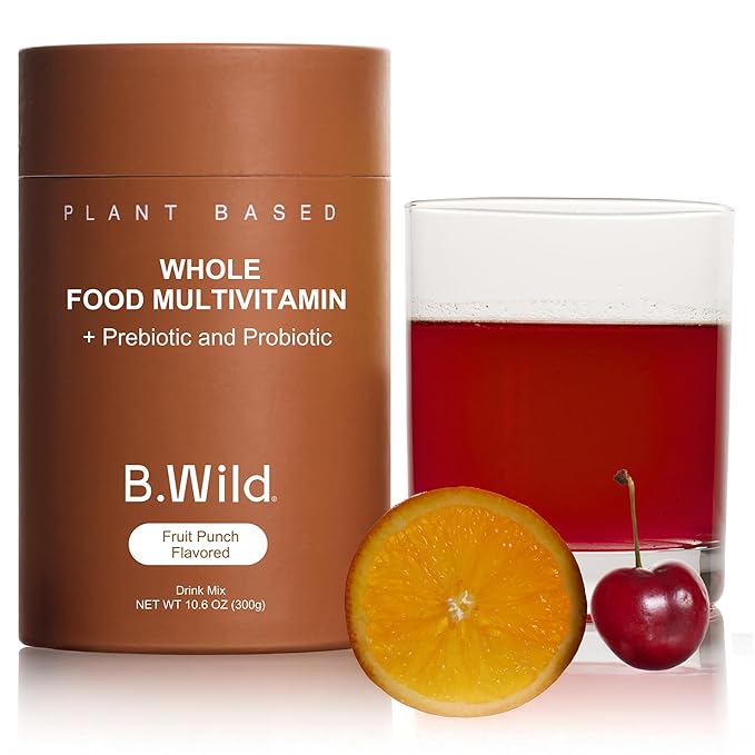 B.WILD Plant-Based Multivitamin Superfood Drink Mix – Bold Fruit Punch Flavor with Vitamins Minerals Prebiotics &amp Probiotics for Gut Health &amp Daily Wellness – 30 Servings – Vegan Gluten-Fre