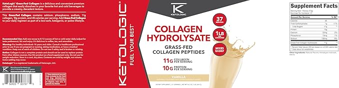 Ketologic Grass Fed Collagen Hydrolysate Powder (Vanilla) (1 LB) - 37 Servings 11 G Collagen Per Serving 10 G Protein Per Serving - Grass-fed Collagen Peptides