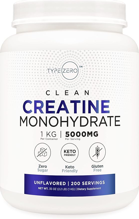 Type Zero Creatine Monohydrate (Unflavored) 1 KG 5000mg (5g) Per Serving Micronized Zero Sugar Keto Friendly &amp Gluten Free 200 Servings