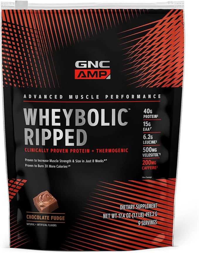 GNC AMP Wheybolic Ripped Protein Powder &amp Thermogenic Supplement Increases Muscle Strength &amp Size Energy &amp Endurance 40g Protein 6.2g Leucine 15g EAA Caffeine Chocolate Fudge 9 Ser