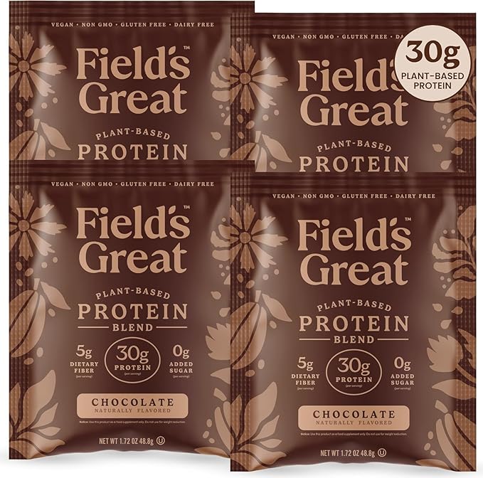 Field's Great Plant-Based Protein with Fiber for Muscle Maintenance Vegan Protein Powder Whey Free Gluten Free Dairy Free - 30g of Protein and 5g Fiber in Each Serving (Chocolate- 4 Pack)