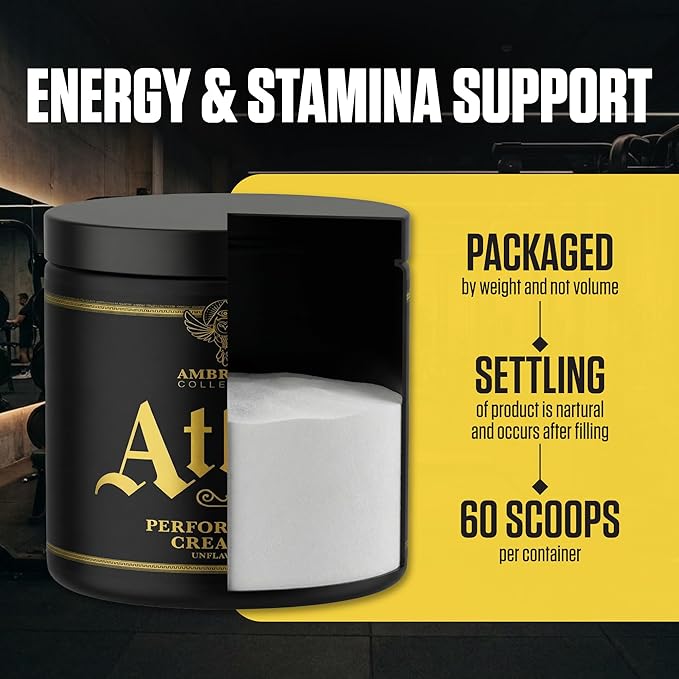 Ambrosia Atlas Performance Creatine Creapure® + Acetic Acid – Explosive Strength &amp Endurance Support – Muscle Recovery Fatigue Resistance &amp Performance Boost Support – 60 Servings