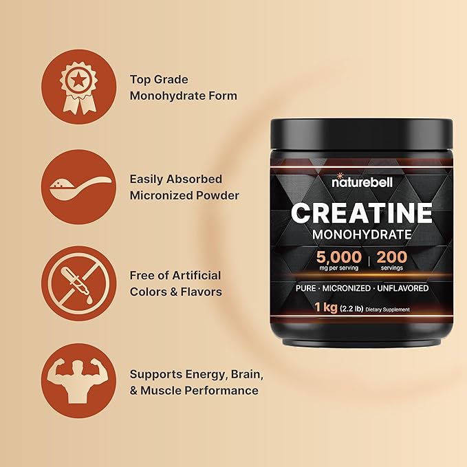 NatureBell Creatine Monohydrate Powder 1000g 5000mg Per Serving 200 Servings (2.2 lb) | Micronized Pure &amp Unflavored | Pre-Workout Muscle Support* | Keto Vegan Filler-Free