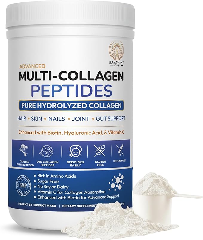 Collagen Peptides Powder for Hair Skin Nails Joints &amp Digestion – Multi-Collagen Types I II III V &amp X with Biotin Hyaluronic Acid &amp Vitamin C – Unflavored Sugar-Free (1.1 lb / 500g