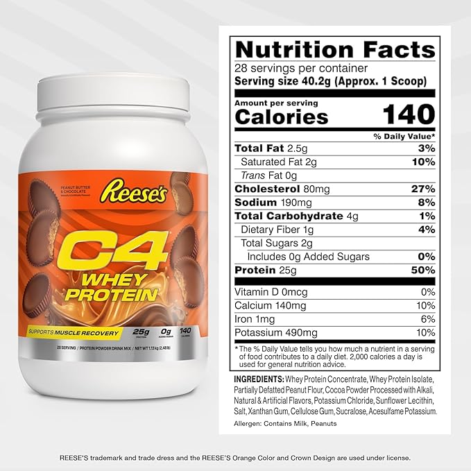 Cellucor C4 Whey Protein Powder Reese's Peanut Butter &amp Chocolate - 25g Protein 0g Added Sugar 140 Calories Per Serving Supports Muscle Recovery 28 Servings Premium Whey for Post-Workout
