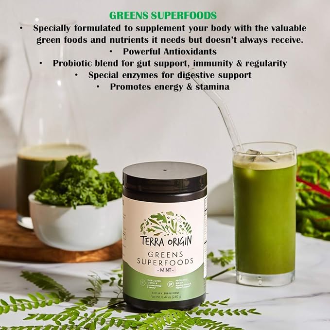 TERRA ORIGIN Healthy Superfood Greens Powder Drink with Probiotics &amp Ashwagandha | Adaptogen &amp Digestive Enzyme Fruit and Veggie Blend | for Gut Health Energy Immune Support* | 30 Servings |