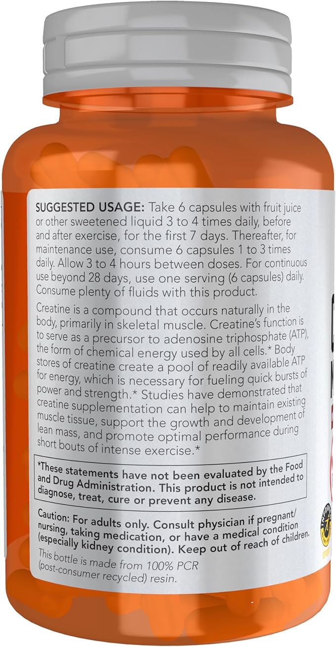NOW Foods Sports Nutrition Creatine Monohydrate 750 mg Mass Building*/Energy Production* 120 Veg Capsules(Pack of 2)