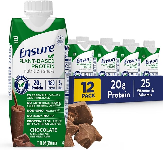 Ensure Plant-Based Protein Nutrition Shakes with 20g Fava Bean &amp Pea Protein Vanilla &amp Chocolate Flavors Pack of 12 11 Fl Oz