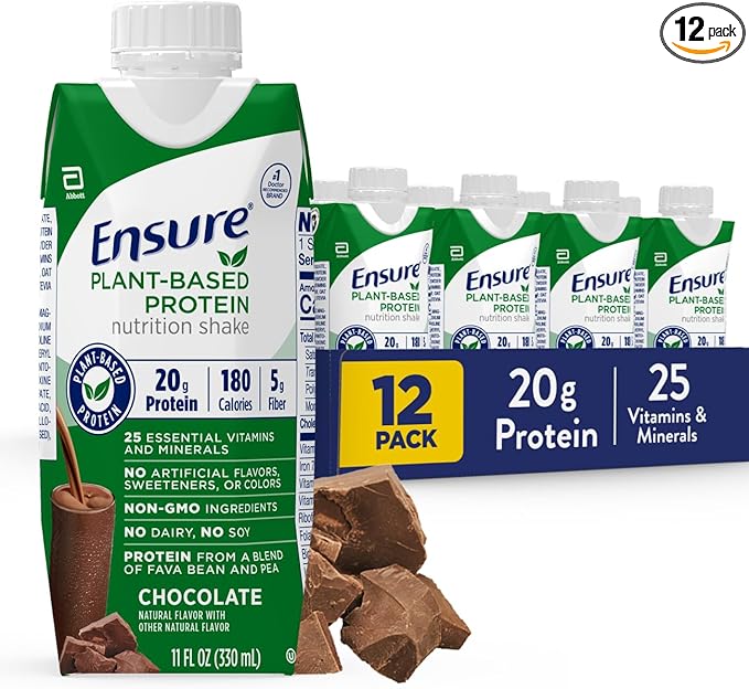 Ensure Plant-Based Protein Nutrition Shakes with 20g Fava Bean &amp Pea Protein Vanilla &amp Chocolate Flavors Pack of 12 11 Fl Oz