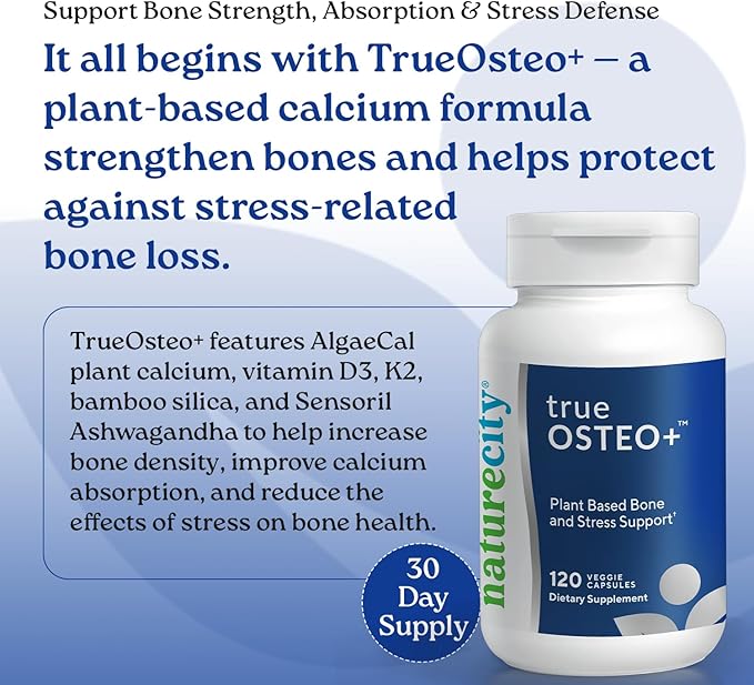NatureCity True-Osteo Bone Support Supplement – Plant-Based Formula with AlgaeCal Calcium Magnesium Vitamin D3 K2 &amp Silicon | Gentle on Stomach (120 Veggie Capsules) (Pack of 2)