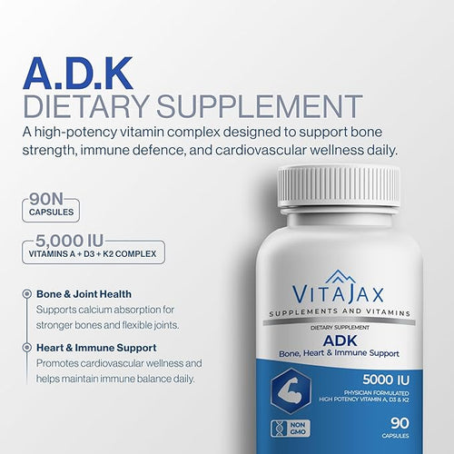 ADK - Vitamin ADK Supplement 180 Capsules - High Potency Vitamin A D3(5000 IU) K2 as MK-7 for Bone Heart &amp Calcium Absorption – Non-GMO Gluten Free (6 Month Supply) 2 Pack