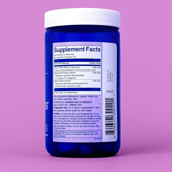 Night time Herbal Decompress - No Melatonin Chamomile Valerian Root Hops Botanical Non-Habit 60 Capsules (30-Day Supply)