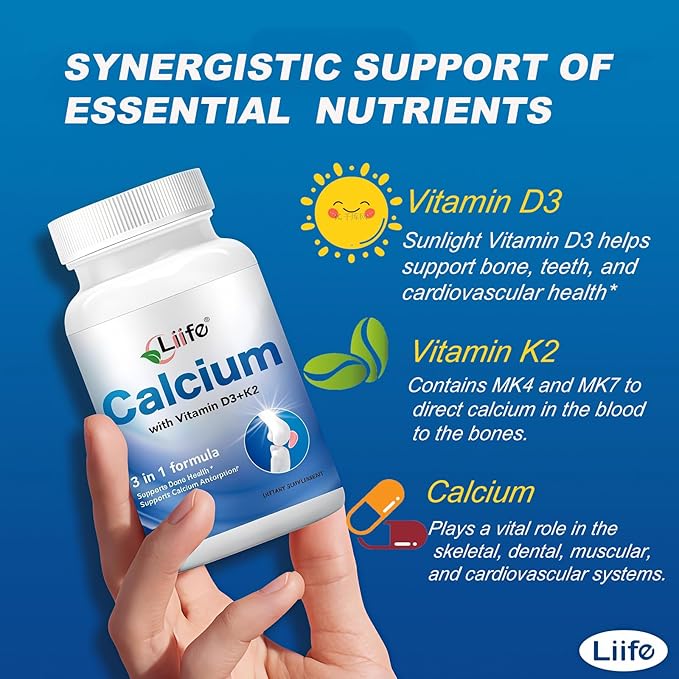 LIIFE 3-in-1 Calcium 150mg + Vitamin D3 1000iu + 100mcg K2（MK4 MK7） Natural Supplement Complex for Bone Health Joint Support and Cardiovascular Health 120 Softgels 60 Day Supply