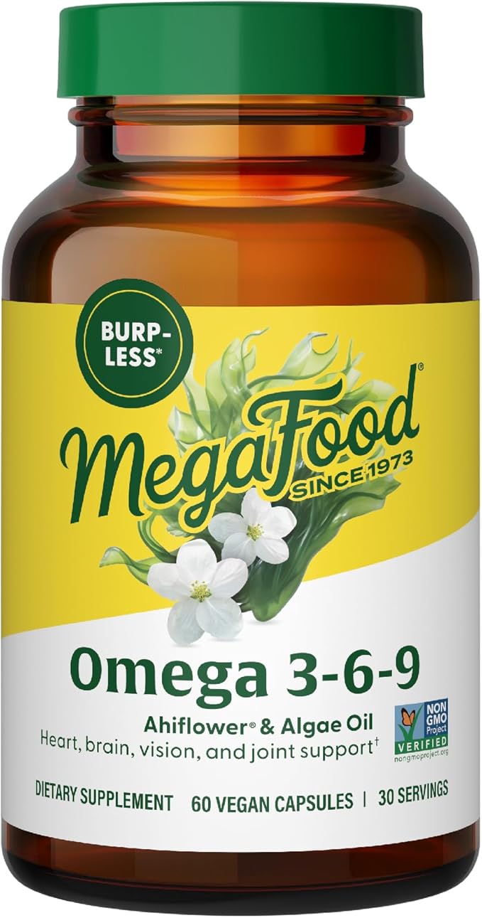 MegaFood Vegan Omega 3 6 9 - Burp-Less Supplement - 600 mg Plant-Based Omega 3 &amp 150 mg DHA Per Serving - Heart Brain Vision &amp Joint Support - Fish Oil Alternative - 60 Capsules 30 Servings