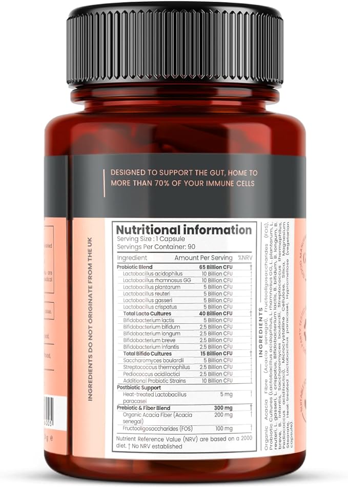 65 Billion CFU Probiotic Supplement x 90 Capsules – 14 Strains with Prebiotics &amp Postbiotics – 3 Month's Supply