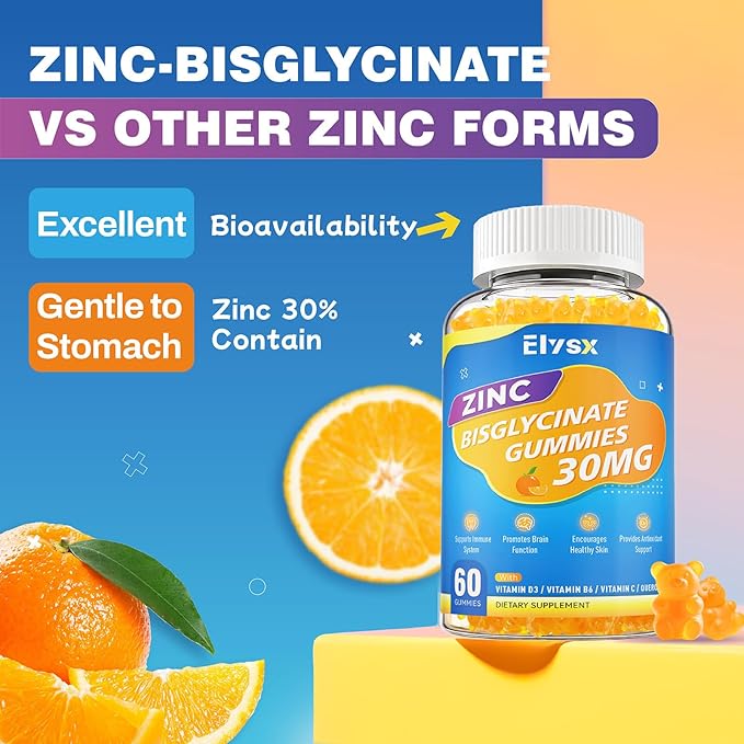 Zinc Glycinate 30 mg Gummies Chewable Zinc Supplement for Women &amp Men with Vitamin C D3 &amp B6 Quercetin Immune System Support Skin Health &amp Antioxidant Natural Fruit Flavor 60 Ct