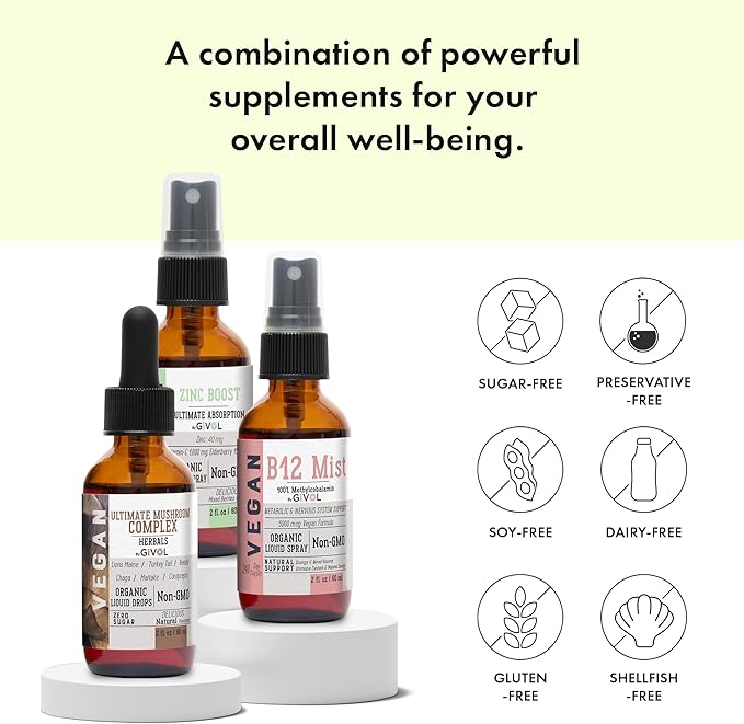 Cognitive Wellness Bundle Liquid Vitamin Trio: Methylcobalamin B12 Lions Mane Reishi Chaga Mushroom Complex &amp Zinc Picolinate: Gluten-Free Sugar-Free Non-GMO - 360 Days Supply