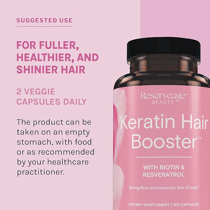 Reserveage Beauty Keratin Hair Booster with Biotin &amp Resveratrol - Hair &amp Nail Growth Supplement for Women - Supports Healthy Thickness &amp Shine with Biotin - 120 Capsules (60 Servings)