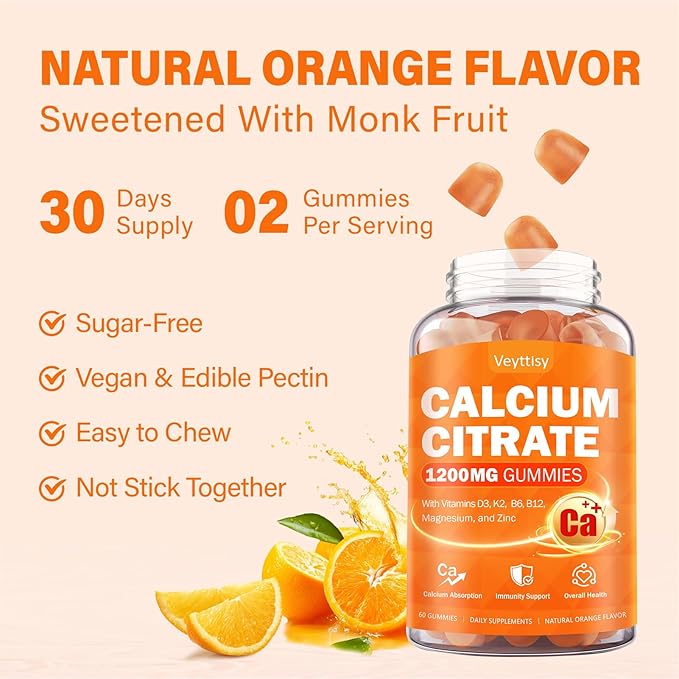 Calcium 1200 mg with Vitamin D3 Supplement for Adults - Calcium Gummies with 5000iu Vitamin D3 K2 B6 B12 Magnesium &amp Zinc - Calcium Supplement for Women Men - Easy to Digest Vegan