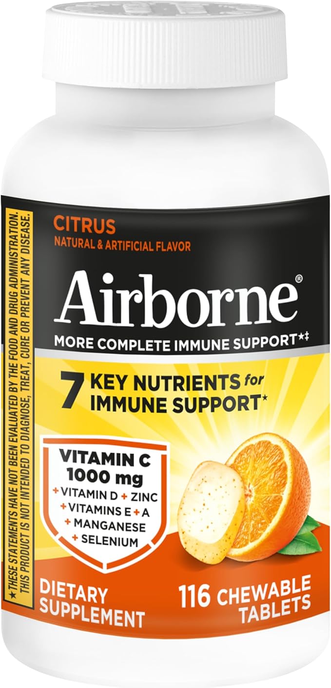 Airborne Vitamin C 1000mg (per Serving) - Citrus Chewable Tablets (116 Count in a Bottle) Gluten-Free Immune Support Supplement with Vitamins A C E Zinc Selenium Echinacea Ginger Antioxidants