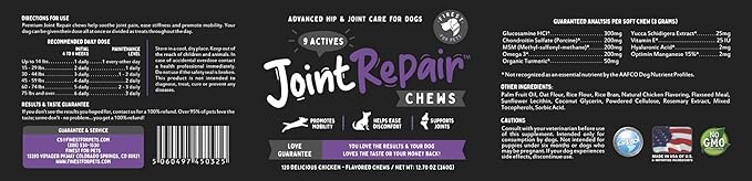 Joint Repair Dog Hip and Joint Supplement with Glucosamine Chondroitin Omega 3 MSM &amp Turmeric. Supports Hip &amp Joint Health Mobility &amp Cartilage Development. 120 Chicken Flavor Chews M