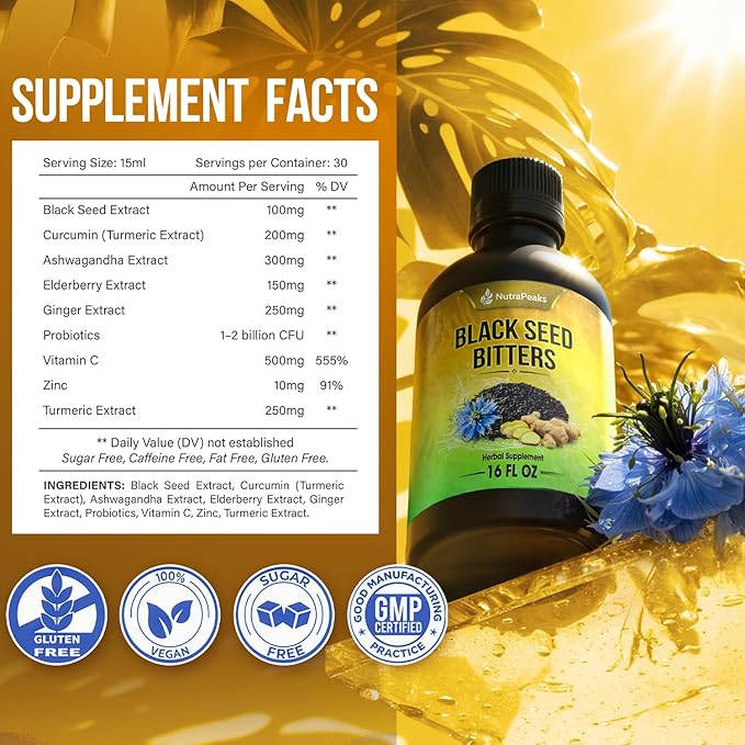 Black Seed Oil Bitters Liquid - Premium Herbal Blend with Black Seed Extract Curcumin (Turmeric Extract) Ashwagandha Elderberry Probiotics Vitamin C Zinc...16 fl oz | Natural Botanical Blend