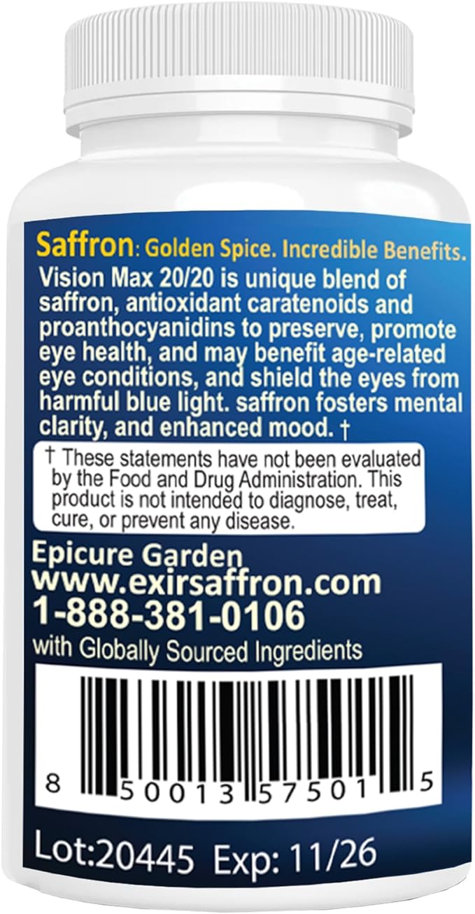 EXIR Eye Vitamin Supplement | Saffron Curcumin Astazanthin - Supports Eye Health Visual Comfort &amp Focus VM20-60 Capsules